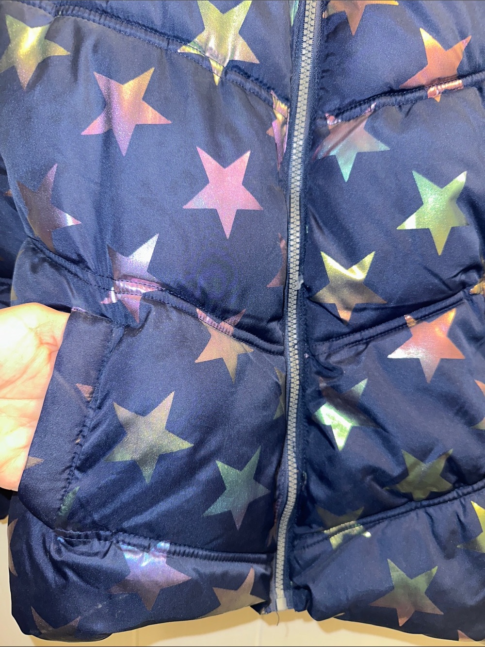 Pink Platinum Navy Star Print Puffer with Pink Hood Lining - Picture 4 of 10